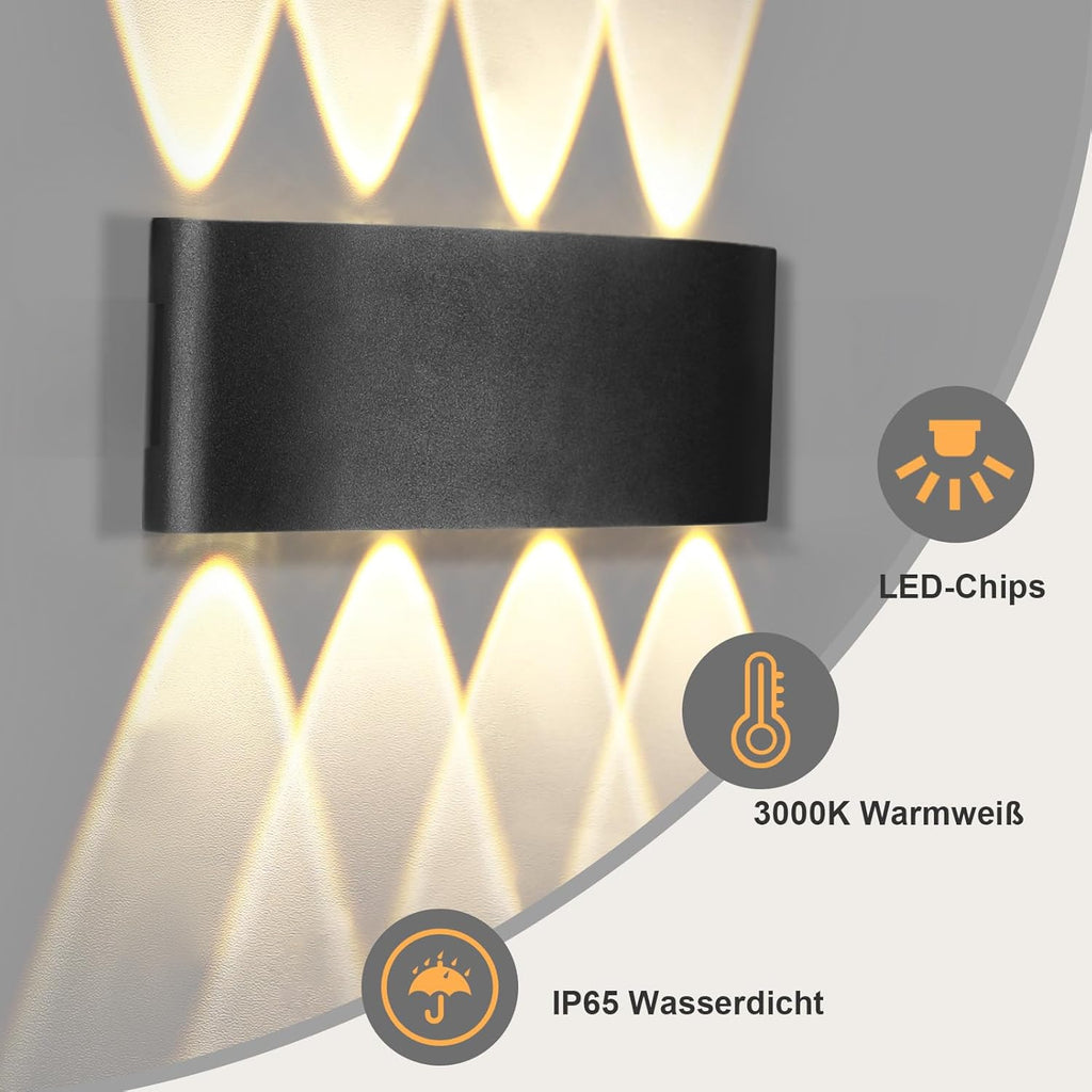 LED Wandleuchte Innen Wandlampe - 4ER Aussenlampe Wand Schwarz 7W Up and Down Leuchten Aussen IP65 Wasserdicht Außenlampe 3000K Warmweiß Aussenleuchten Hauswand für Garten Treppenhaus